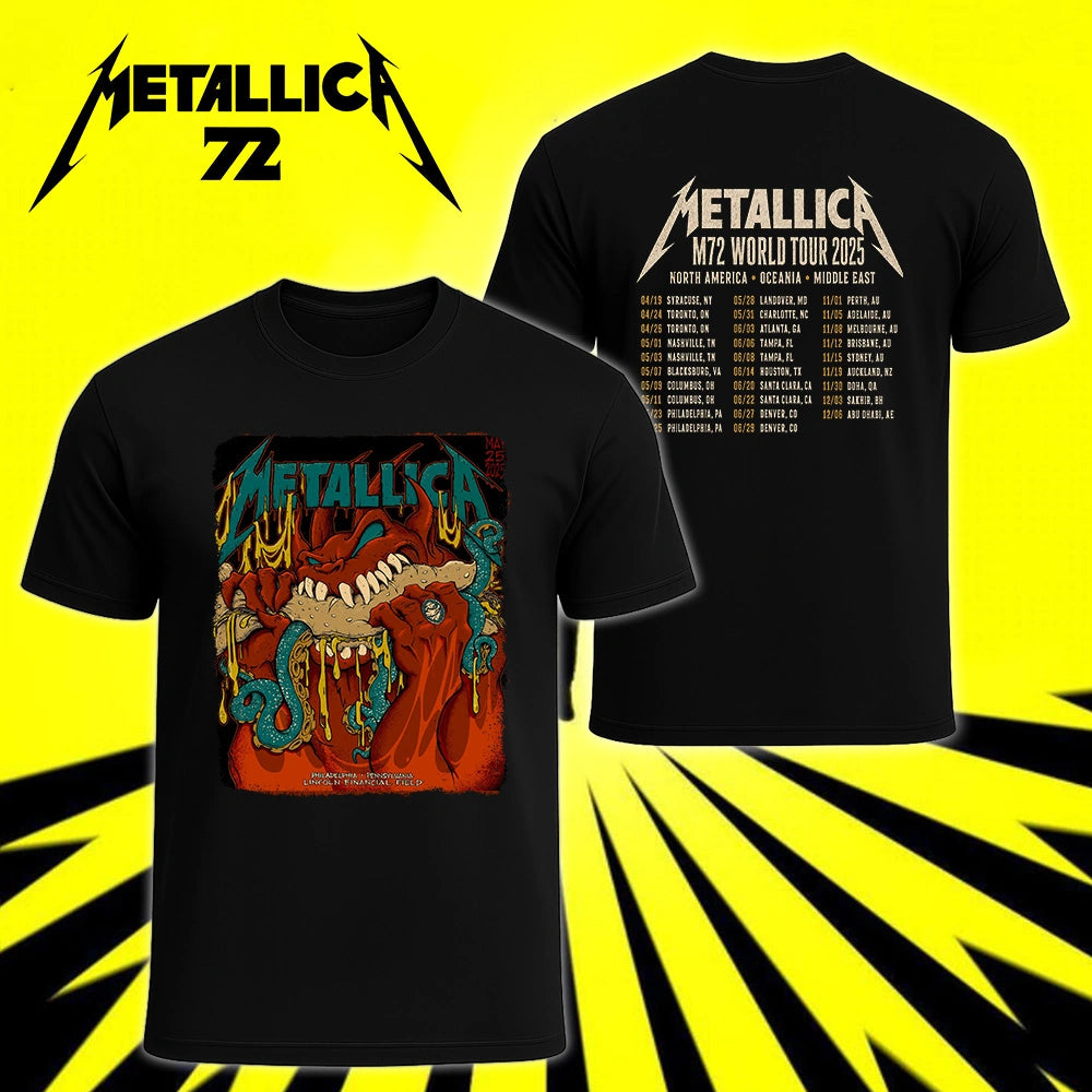 Metallica M72 World Tour May 25 2025 Lincoln Financial Field Philadelphia Pennsylvania United States 2 side T-shirt by Squindo featuring a monstrous fanged creature with red hands, blue-green tentacles, dripping yellow slime and M72 tour back print.