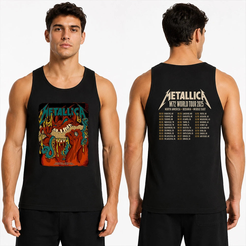 Metallica M72 World Tour May 25 2025 Lincoln Financial Field Philadelphia Pennsylvania United States 2 side T-shirt by Squindo featuring a monstrous fanged creature with red hands, blue-green tentacles, dripping yellow slime and M72 tour back print.