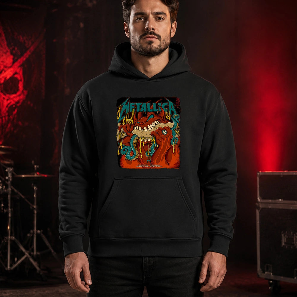 Metallica M72 World Tour May 25 2025 Lincoln Financial Field Philadelphia Pennsylvania United States T-shirt by Squindo featuring a monstrous fanged creature with red hands, blue-green tentacles, dripping yellow slime and Philadelphia event text.