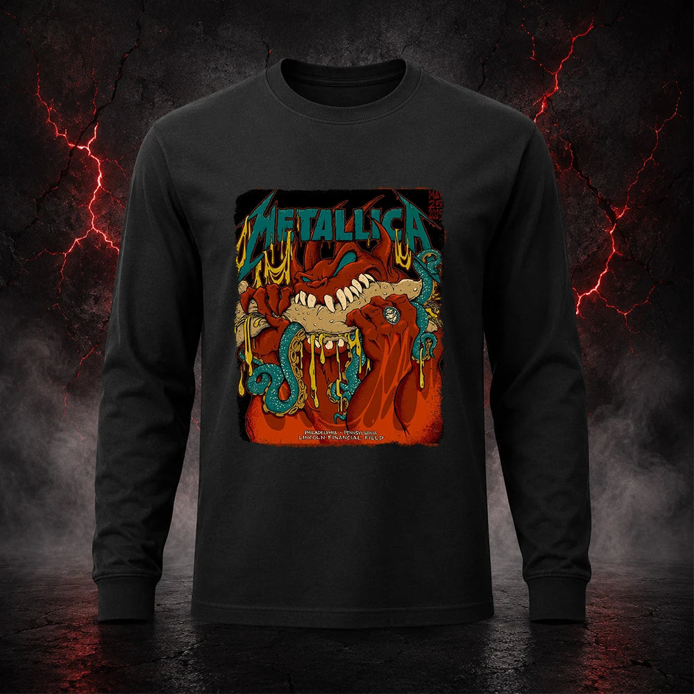 Metallica M72 World Tour May 25 2025 Lincoln Financial Field Philadelphia Pennsylvania United States T-shirt by Squindo featuring a monstrous fanged creature with red hands, blue-green tentacles, dripping yellow slime and Philadelphia event text.