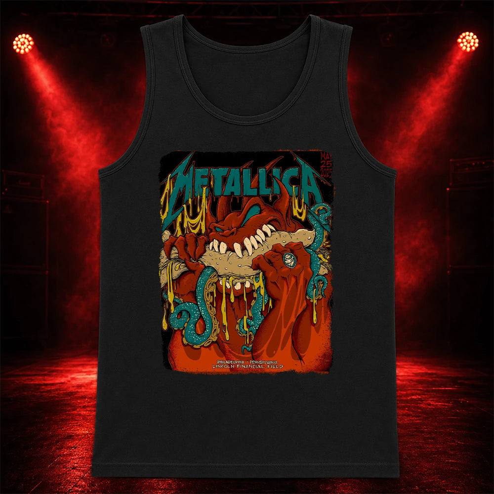 Metallica M72 World Tour May 25 2025 Lincoln Financial Field Philadelphia Pennsylvania United States T-shirt by Squindo featuring a monstrous fanged creature with red hands, blue-green tentacles, dripping yellow slime and Philadelphia event text.