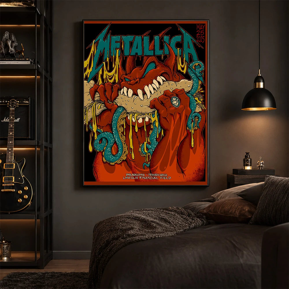 Metallica M72 World Tour May 25 2025 Lincoln Financial Field Philadelphia Pennsylvania United States poster canvas featuring a monstrous fanged creature with red hands, blue-green tentacles, dripping slime and Philadelphia event text.
