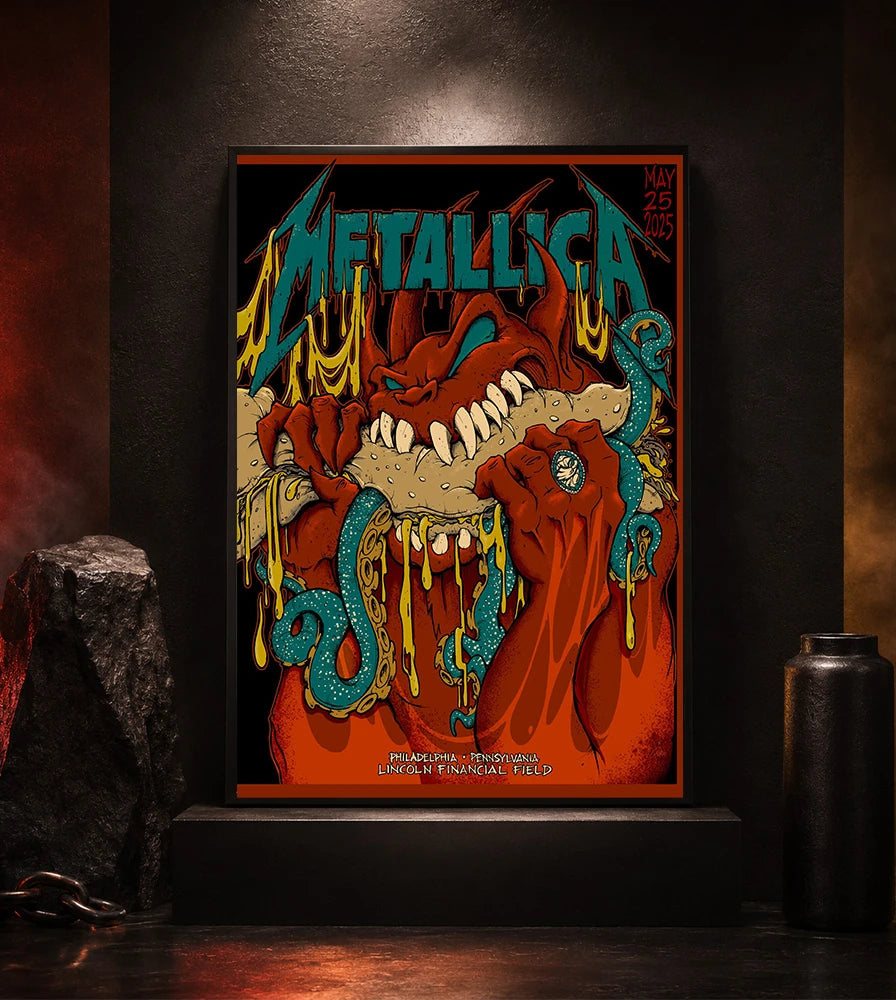 Metallica M72 World Tour May 25 2025 Lincoln Financial Field Philadelphia Pennsylvania United States poster canvas featuring a monstrous fanged creature with red hands, blue-green tentacles, dripping slime and Philadelphia event text.