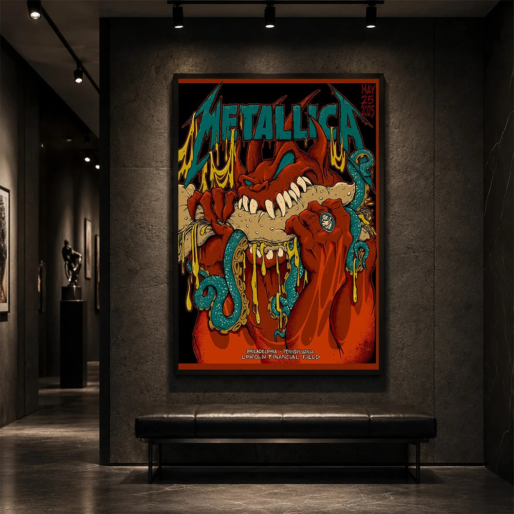 Metallica M72 World Tour May 25 2025 Lincoln Financial Field Philadelphia Pennsylvania United States poster canvas featuring a monstrous fanged creature with red hands, blue-green tentacles, dripping slime and Philadelphia event text.