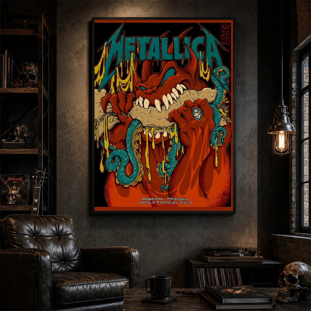 Metallica M72 World Tour May 25 2025 Lincoln Financial Field Philadelphia Pennsylvania United States poster canvas featuring a monstrous fanged creature with red hands, blue-green tentacles, dripping slime and Philadelphia event text.