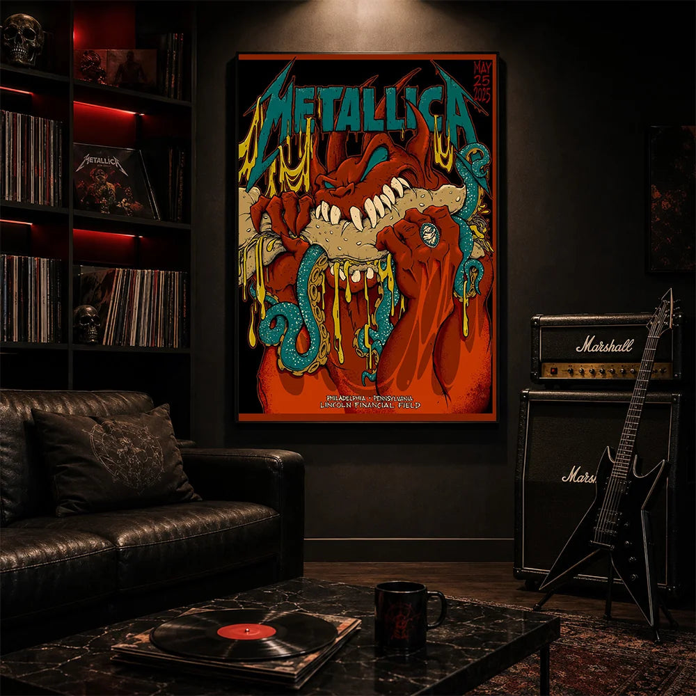 Metallica M72 World Tour May 25 2025 Lincoln Financial Field Philadelphia Pennsylvania United States poster canvas featuring a monstrous fanged creature with red hands, blue-green tentacles, dripping slime and Philadelphia event text.