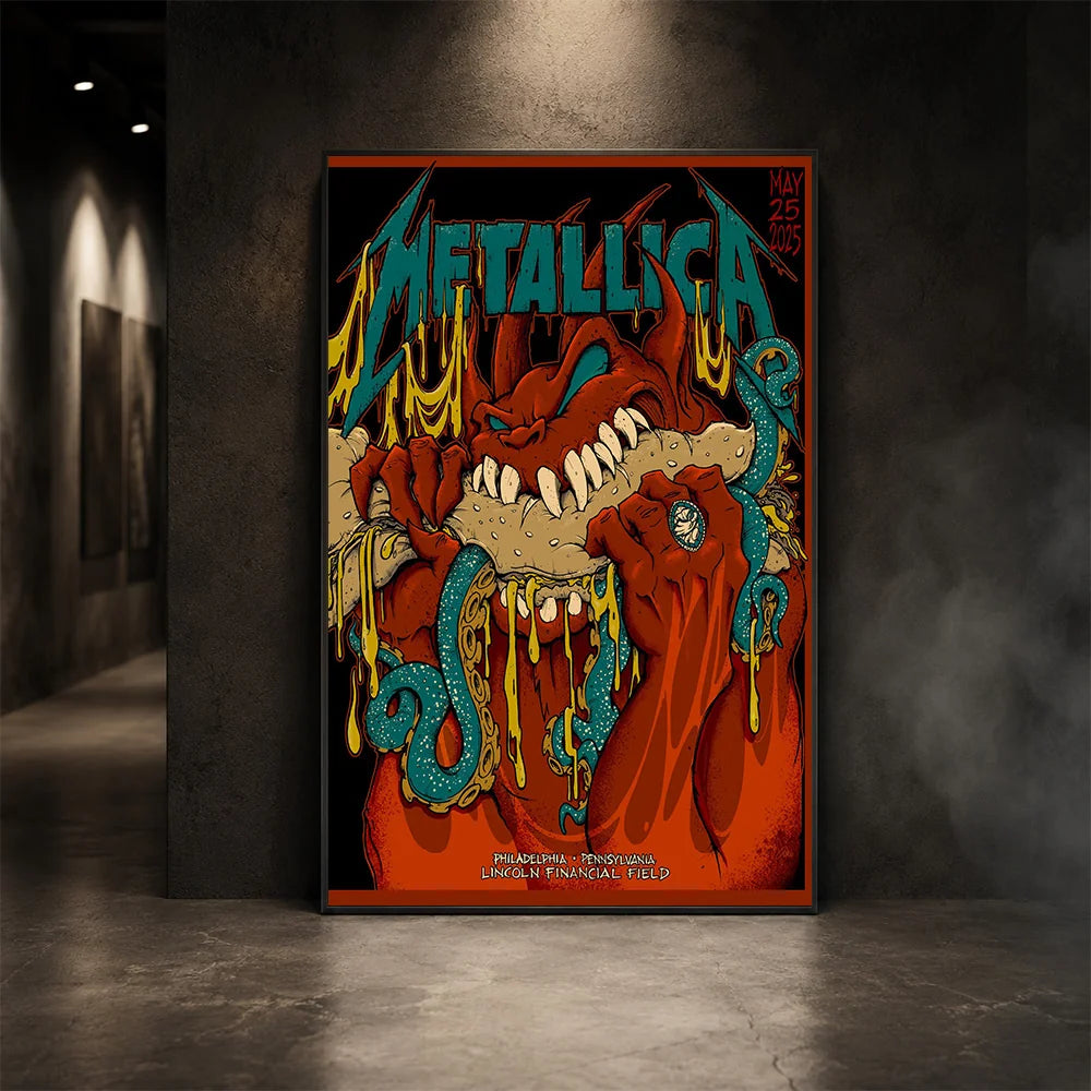 Metallica M72 World Tour May 25 2025 Lincoln Financial Field Philadelphia Pennsylvania United States poster canvas featuring a monstrous fanged creature with red hands, blue-green tentacles, dripping slime and Philadelphia event text.