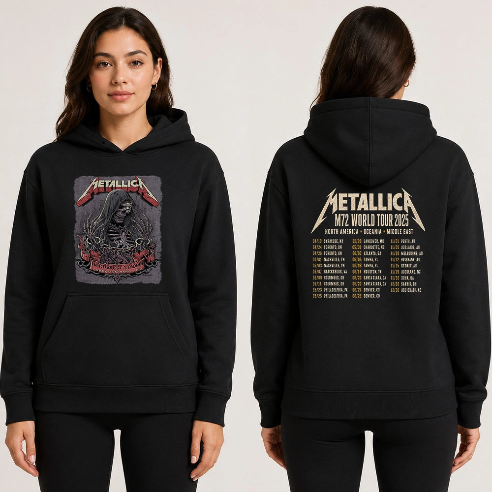 Metallica M72 World Tour May 28 2025 Northwest Stadium Landover Maryland United States 2 side T-shirt by Cisco Rivera featuring a hooded skeletal reaper with raised bony hands, smoke, chained cuffs, cracked gray background and M72 tour back print.