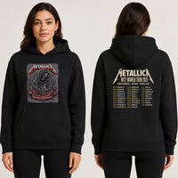 Metallica M72 World Tour May 28 2025 Northwest Stadium Landover Maryland United States 2 side T-shirt by Cisco Rivera featuring a hooded skeletal reaper with raised bony hands, smoke, chained cuffs, cracked gray background and M72 tour back print.