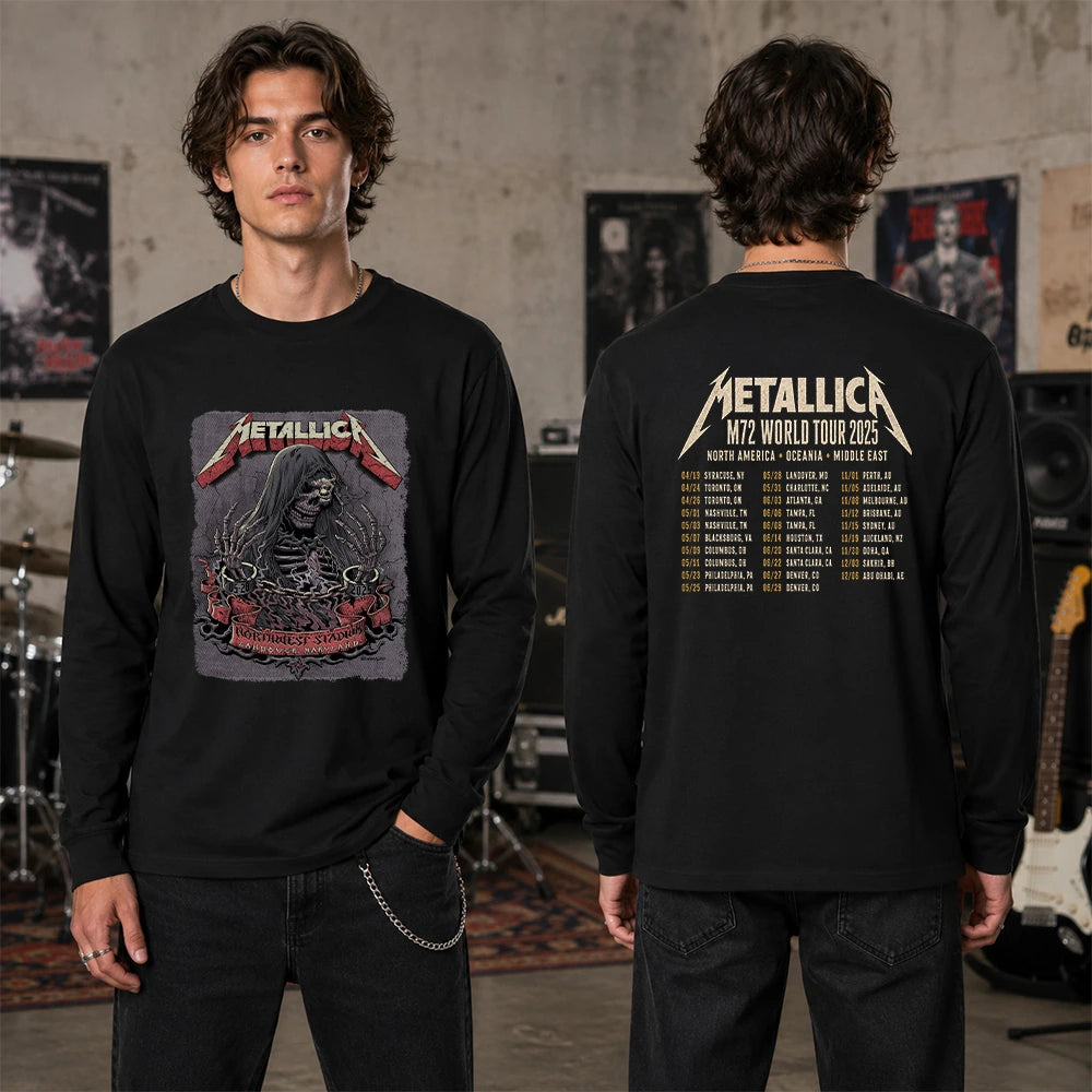 Metallica M72 World Tour May 28 2025 Northwest Stadium Landover Maryland United States 2 side T-shirt by Cisco Rivera featuring a hooded skeletal reaper with raised bony hands, smoke, chained cuffs, cracked gray background and M72 tour back print.