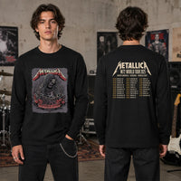 Metallica M72 World Tour May 28 2025 Northwest Stadium Landover Maryland United States 2 side T-shirt by Cisco Rivera featuring a hooded skeletal reaper with raised bony hands, smoke, chained cuffs, cracked gray background and M72 tour back print.