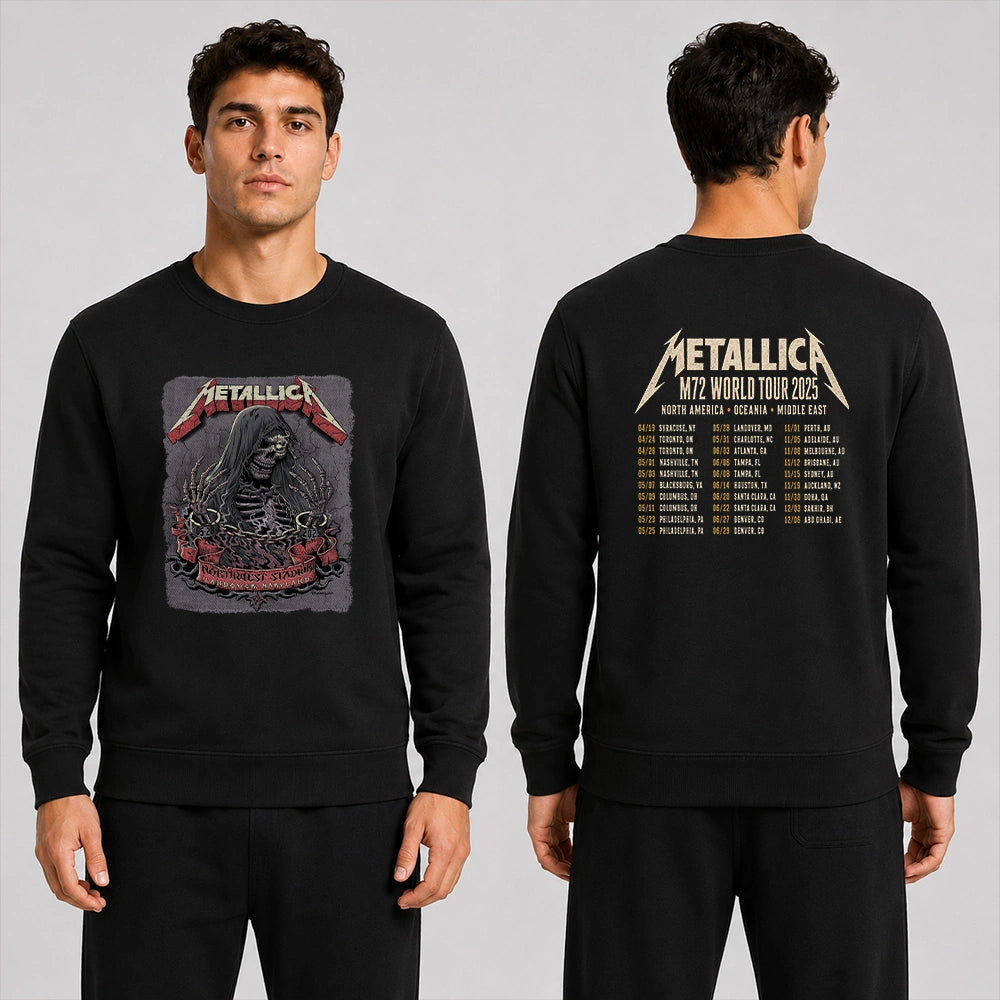 Metallica M72 World Tour May 28 2025 Northwest Stadium Landover Maryland United States 2 side T-shirt by Cisco Rivera featuring a hooded skeletal reaper with raised bony hands, smoke, chained cuffs, cracked gray background and M72 tour back print.