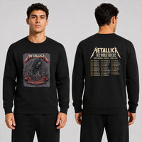 Metallica M72 World Tour May 28 2025 Northwest Stadium Landover Maryland United States 2 side T-shirt by Cisco Rivera featuring a hooded skeletal reaper with raised bony hands, smoke, chained cuffs, cracked gray background and M72 tour back print.