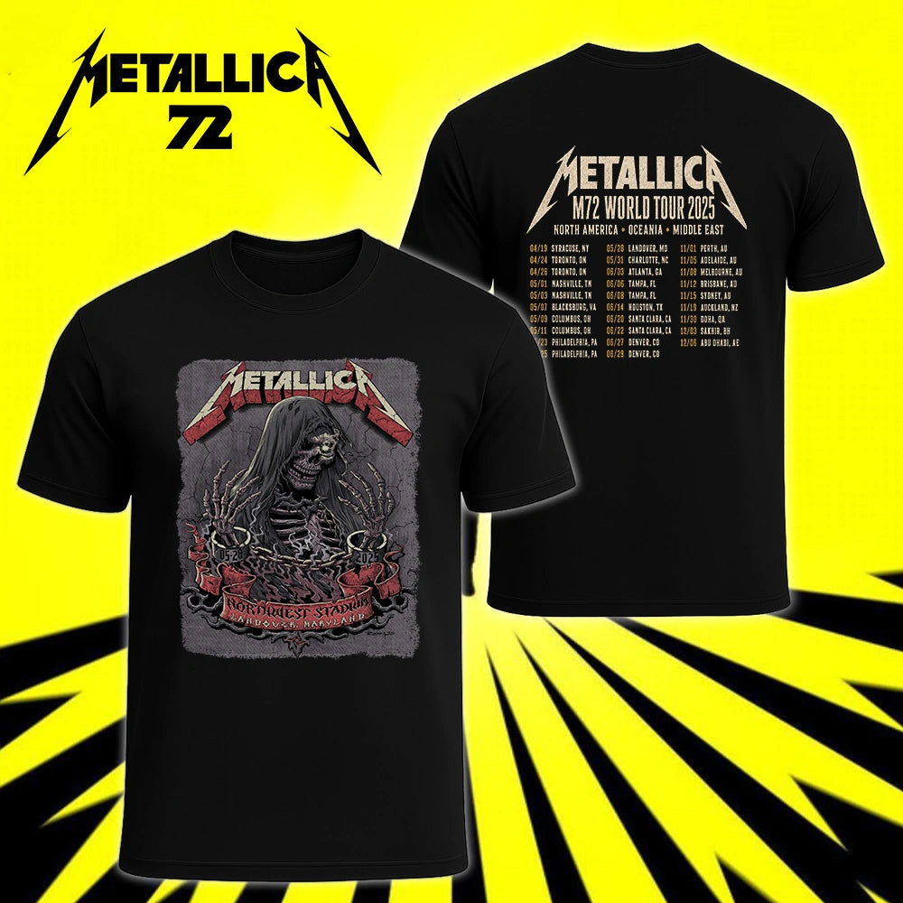 Metallica M72 World Tour May 28 2025 Northwest Stadium Landover Maryland United States 2 side T-shirt by Cisco Rivera featuring a hooded skeletal reaper with raised bony hands, smoke, chained cuffs, cracked gray background and M72 tour back print.