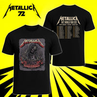 Metallica M72 World Tour May 28 2025 Northwest Stadium Landover Maryland United States 2 side T-shirt by Cisco Rivera featuring a hooded skeletal reaper with raised bony hands, smoke, chained cuffs, cracked gray background and M72 tour back print.