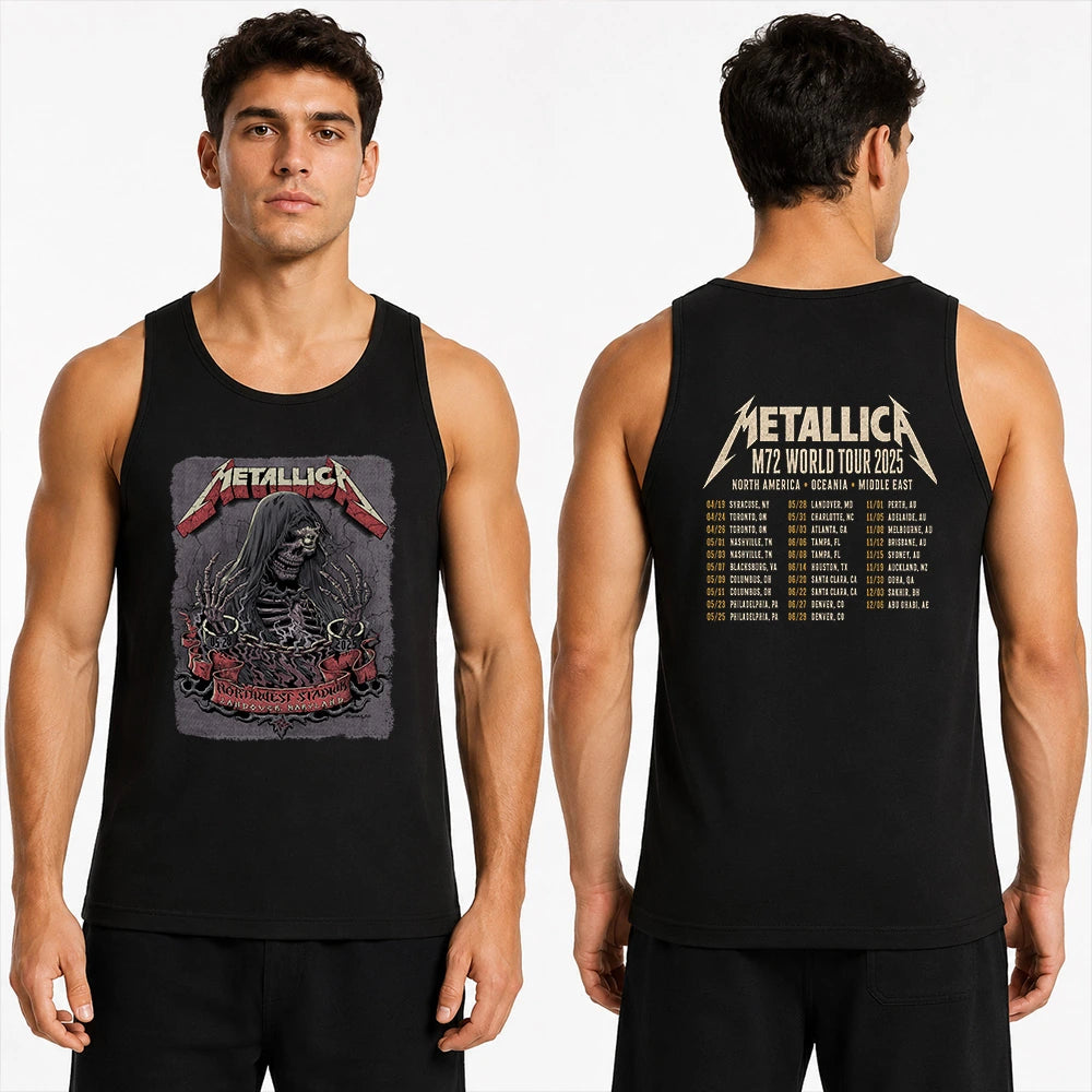 Metallica M72 World Tour May 28 2025 Northwest Stadium Landover Maryland United States 2 side T-shirt by Cisco Rivera featuring a hooded skeletal reaper with raised bony hands, smoke, chained cuffs, cracked gray background and M72 tour back print.