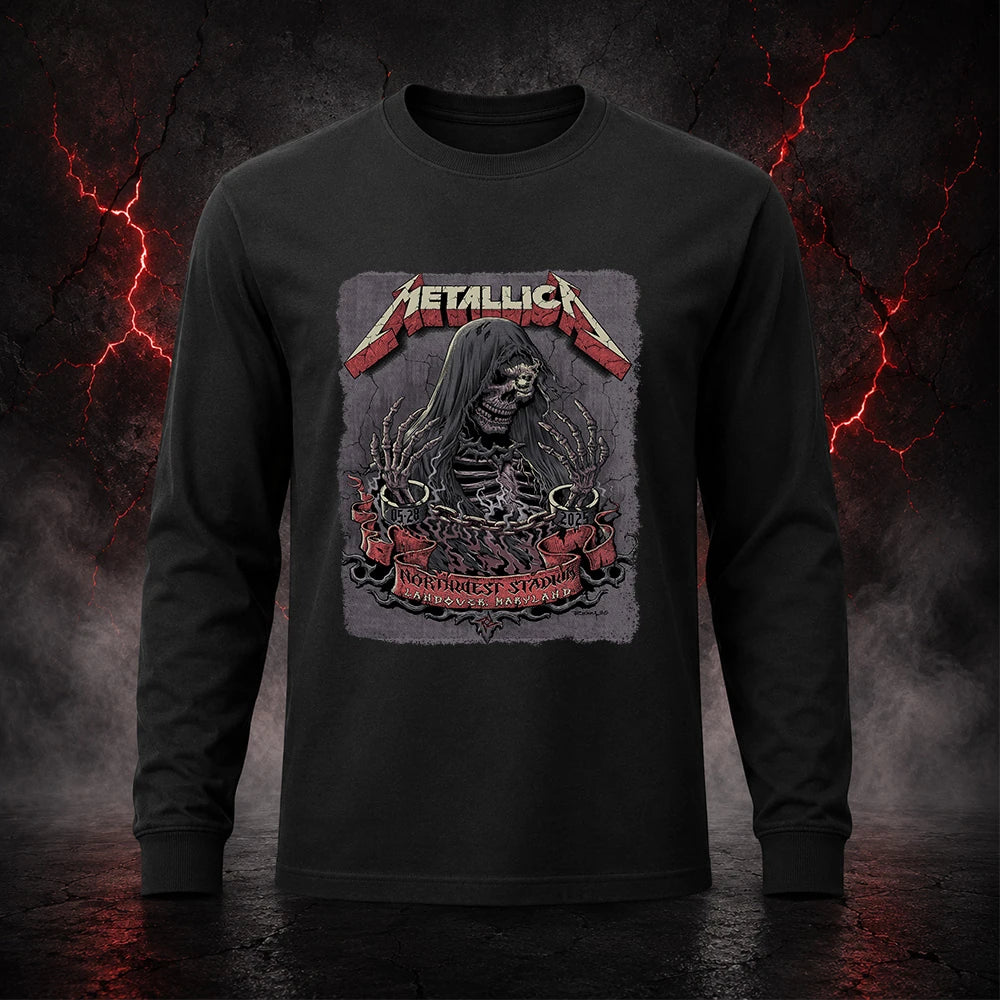 Metallica M72 World Tour May 28 2025 Northwest Stadium Landover Maryland United States T-shirt by Cisco Rivera featuring a hooded skeletal reaper with raised bony hands, smoke, chained cuffs, cracked gray background and Landover event text.