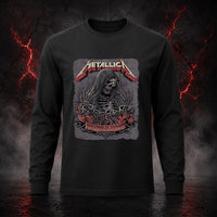 Metallica M72 World Tour May 28 2025 Northwest Stadium Landover Maryland United States T-shirt by Cisco Rivera featuring a hooded skeletal reaper with raised bony hands, smoke, chained cuffs, cracked gray background and Landover event text.