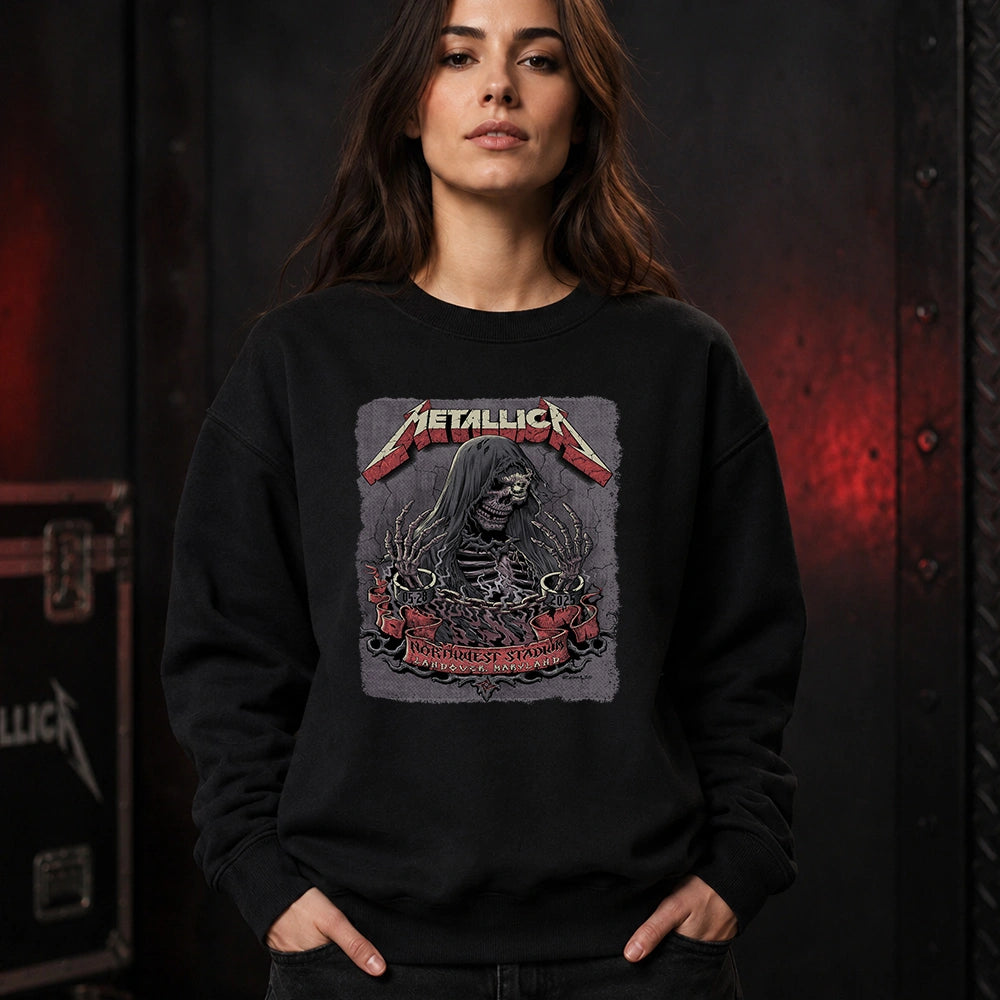 Metallica M72 World Tour May 28 2025 Northwest Stadium Landover Maryland United States T-shirt by Cisco Rivera featuring a hooded skeletal reaper with raised bony hands, smoke, chained cuffs, cracked gray background and Landover event text.