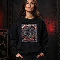 Metallica M72 World Tour May 28 2025 Northwest Stadium Landover Maryland United States T-shirt by Cisco Rivera featuring a hooded skeletal reaper with raised bony hands, smoke, chained cuffs, cracked gray background and Landover event text.