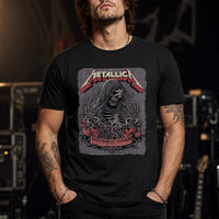 Metallica M72 World Tour May 28 2025 Northwest Stadium Landover Maryland United States T-shirt by Cisco Rivera featuring a hooded skeletal reaper with raised bony hands, smoke, chained cuffs, cracked gray background and Landover event text.