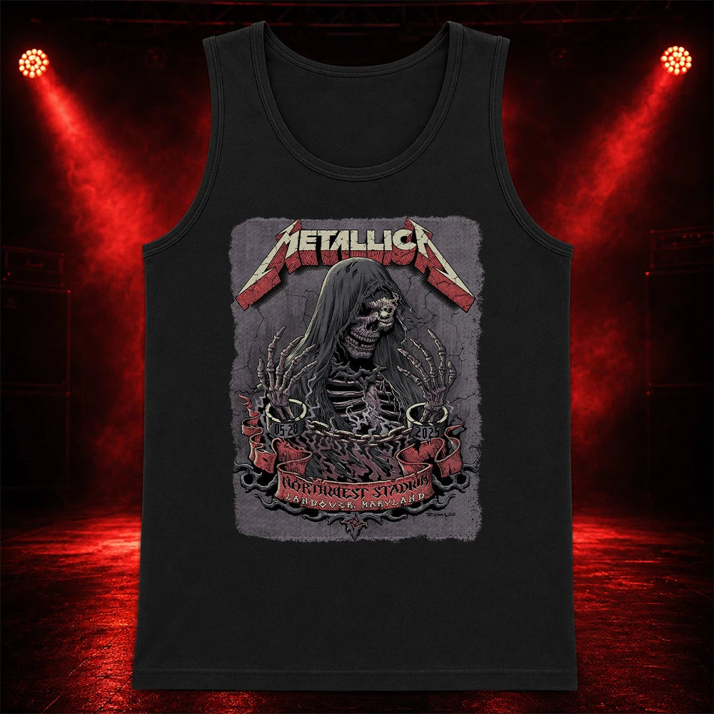 Metallica M72 World Tour May 28 2025 Northwest Stadium Landover Maryland United States T-shirt by Cisco Rivera featuring a hooded skeletal reaper with raised bony hands, smoke, chained cuffs, cracked gray background and Landover event text.