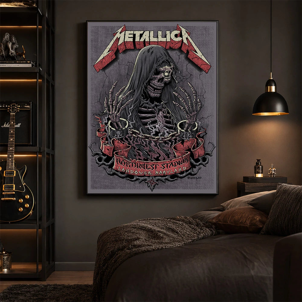 Metallica M72 World Tour May 28 2025 Northwest Stadium Landover Maryland United States poster canvas featuring a hooded skeletal reaper with raised bony hands, smoke, chained cuffs, cracked gray background and Landover event text.