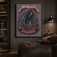 Metallica M72 World Tour May 28 2025 Northwest Stadium Landover Maryland United States poster canvas featuring a hooded skeletal reaper with raised bony hands, smoke, chained cuffs, cracked gray background and Landover event text.