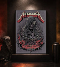 Metallica M72 World Tour May 28 2025 Northwest Stadium Landover Maryland United States poster canvas featuring a hooded skeletal reaper with raised bony hands, smoke, chained cuffs, cracked gray background and Landover event text.