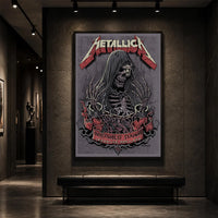 Metallica M72 World Tour May 28 2025 Northwest Stadium Landover Maryland United States poster canvas featuring a hooded skeletal reaper with raised bony hands, smoke, chained cuffs, cracked gray background and Landover event text.