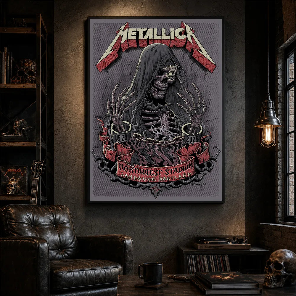 Metallica M72 World Tour May 28 2025 Northwest Stadium Landover Maryland United States poster canvas featuring a hooded skeletal reaper with raised bony hands, smoke, chained cuffs, cracked gray background and Landover event text.