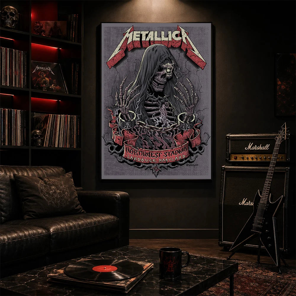 Metallica M72 World Tour May 28 2025 Northwest Stadium Landover Maryland United States poster canvas featuring a hooded skeletal reaper with raised bony hands, smoke, chained cuffs, cracked gray background and Landover event text.
