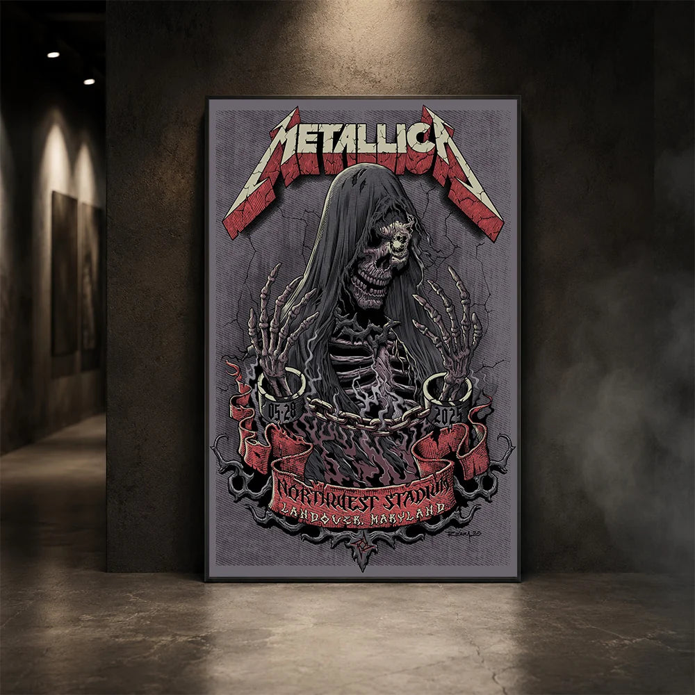 Metallica M72 World Tour May 28 2025 Northwest Stadium Landover Maryland United States poster canvas featuring a hooded skeletal reaper with raised bony hands, smoke, chained cuffs, cracked gray background and Landover event text.