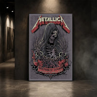 Metallica M72 World Tour May 28 2025 Northwest Stadium Landover Maryland United States poster canvas featuring a hooded skeletal reaper with raised bony hands, smoke, chained cuffs, cracked gray background and Landover event text.