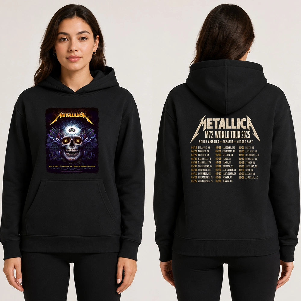 Metallica M72 World Tour May 31 2025 Bank of America Stadium Charlotte North Carolina United States 2 side T-shirt by N.C. Winters featuring a glowing skull with radiant third eye, golden eyes, mystical ornamental details and M72 tour back print.