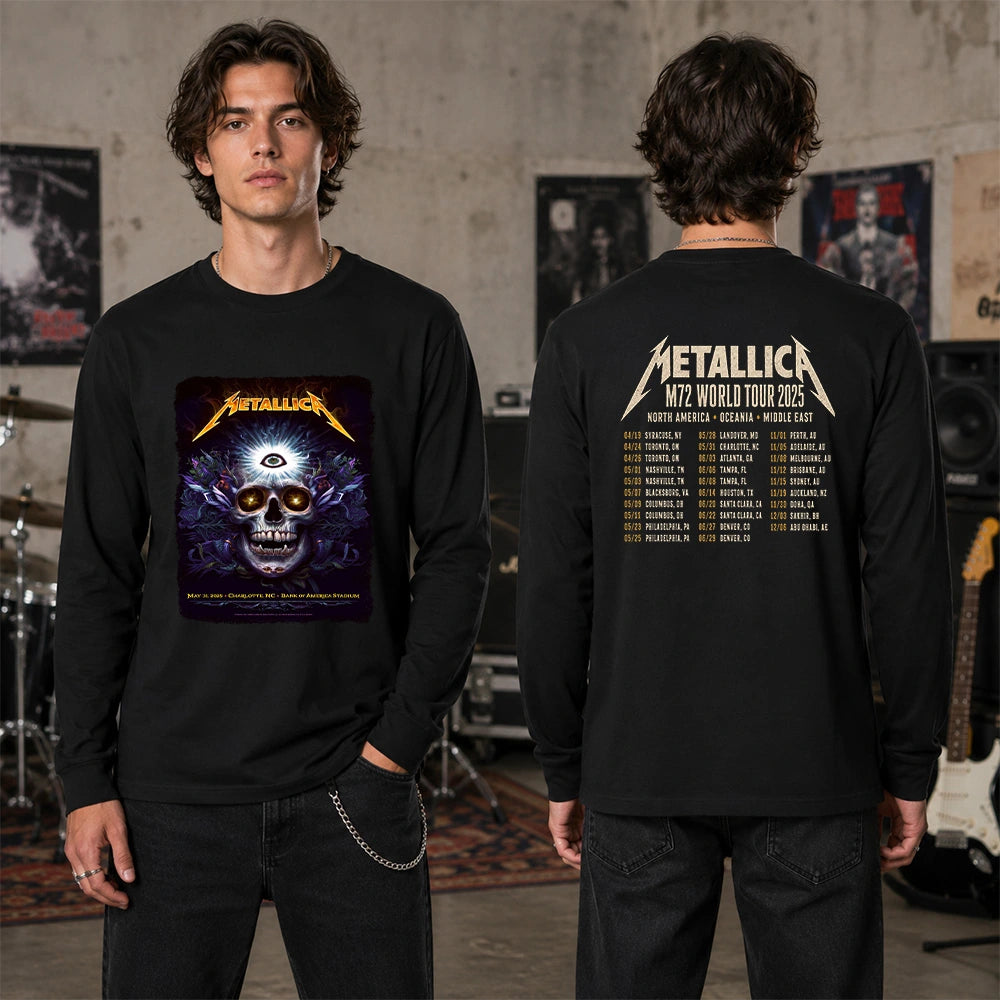 Metallica M72 World Tour May 31 2025 Bank of America Stadium Charlotte North Carolina United States 2 side T-shirt by N.C. Winters featuring a glowing skull with radiant third eye, golden eyes, mystical ornamental details and M72 tour back print.
