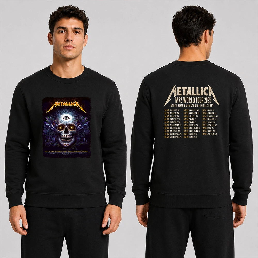 Metallica M72 World Tour May 31 2025 Bank of America Stadium Charlotte North Carolina United States 2 side T-shirt by N.C. Winters featuring a glowing skull with radiant third eye, golden eyes, mystical ornamental details and M72 tour back print.