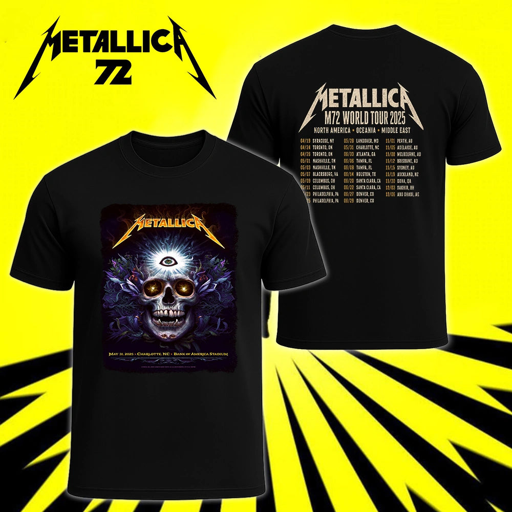 Metallica M72 World Tour May 31 2025 Bank of America Stadium Charlotte North Carolina United States 2 side T-shirt by N.C. Winters featuring a glowing skull with radiant third eye, golden eyes, mystical ornamental details and M72 tour back print.