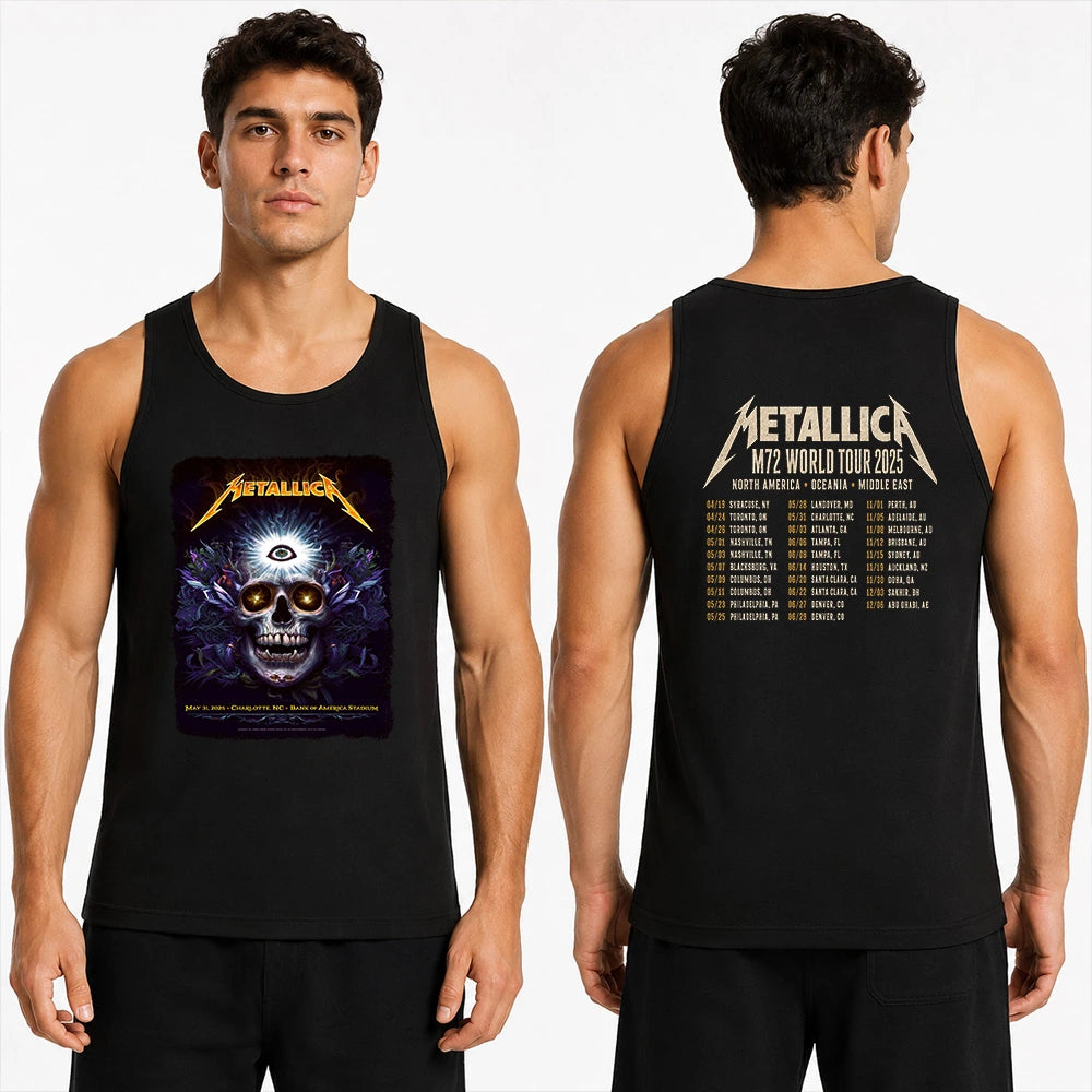 Metallica M72 World Tour May 31 2025 Bank of America Stadium Charlotte North Carolina United States 2 side T-shirt by N.C. Winters featuring a glowing skull with radiant third eye, golden eyes, mystical ornamental details and M72 tour back print.