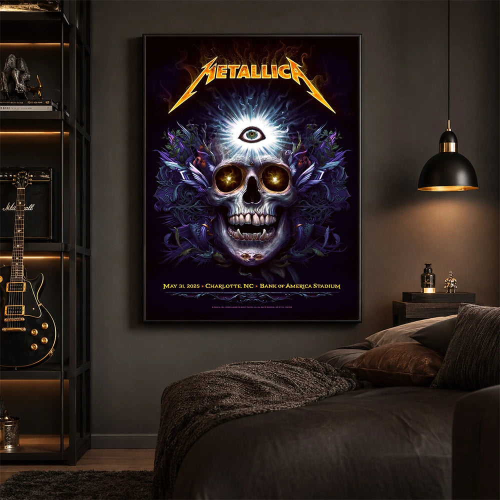 Metallica M72 World Tour May 31 2025 Bank of America Stadium Charlotte North Carolina United States poster canvas by N.C. Winters featuring a glowing skull with radiant third eye, golden eyes, mystical ornamental details and Charlotte event text.