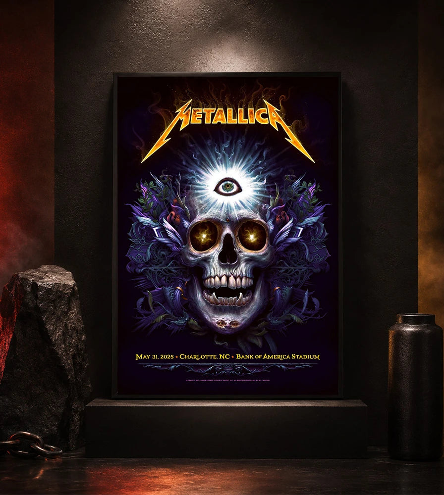 Metallica M72 World Tour May 31 2025 Bank of America Stadium Charlotte North Carolina United States poster canvas by N.C. Winters featuring a glowing skull with radiant third eye, golden eyes, mystical ornamental details and Charlotte event text.