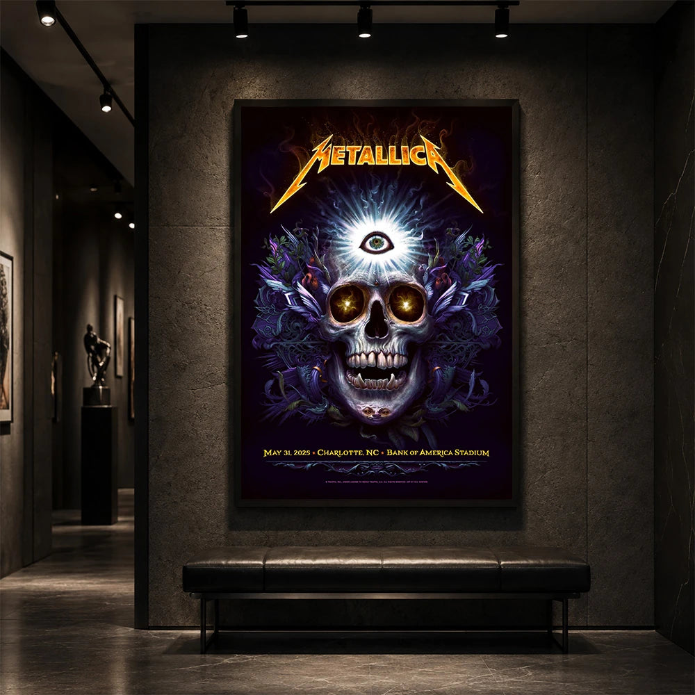 Metallica M72 World Tour May 31 2025 Bank of America Stadium Charlotte North Carolina United States poster canvas by N.C. Winters featuring a glowing skull with radiant third eye, golden eyes, mystical ornamental details and Charlotte event text.