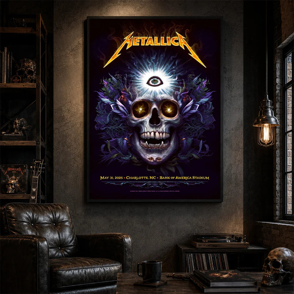 Metallica M72 World Tour May 31 2025 Bank of America Stadium Charlotte North Carolina United States poster canvas by N.C. Winters featuring a glowing skull with radiant third eye, golden eyes, mystical ornamental details and Charlotte event text.