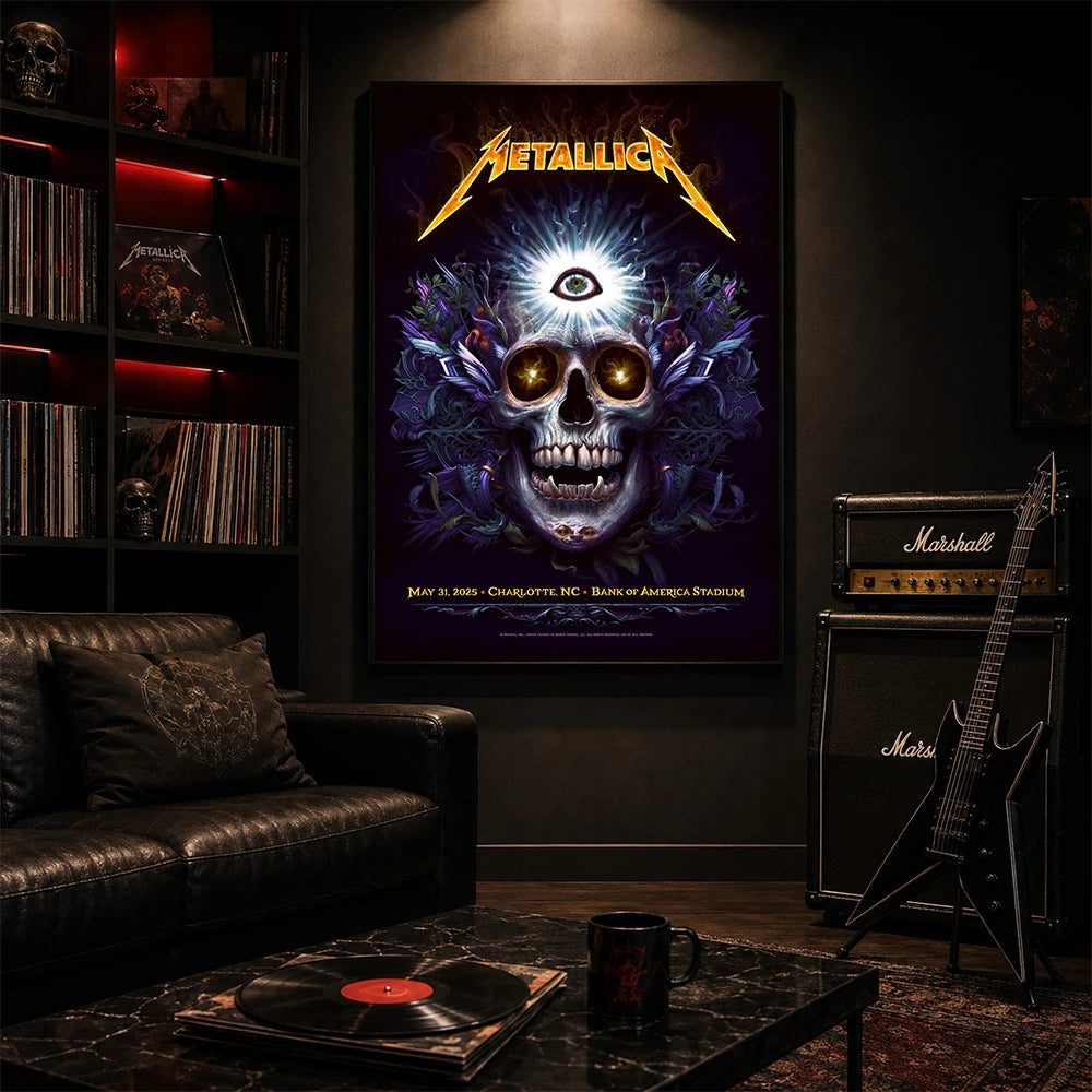 Metallica M72 World Tour May 31 2025 Bank of America Stadium Charlotte North Carolina United States poster canvas by N.C. Winters featuring a glowing skull with radiant third eye, golden eyes, mystical ornamental details and Charlotte event text.