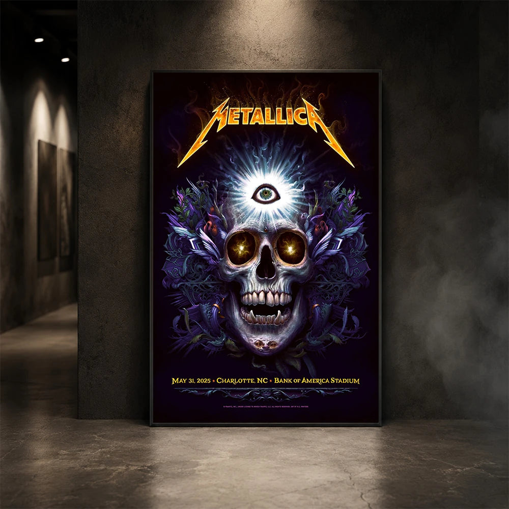 Metallica M72 World Tour May 31 2025 Bank of America Stadium Charlotte North Carolina United States poster canvas by N.C. Winters featuring a glowing skull with radiant third eye, golden eyes, mystical ornamental details and Charlotte event text.