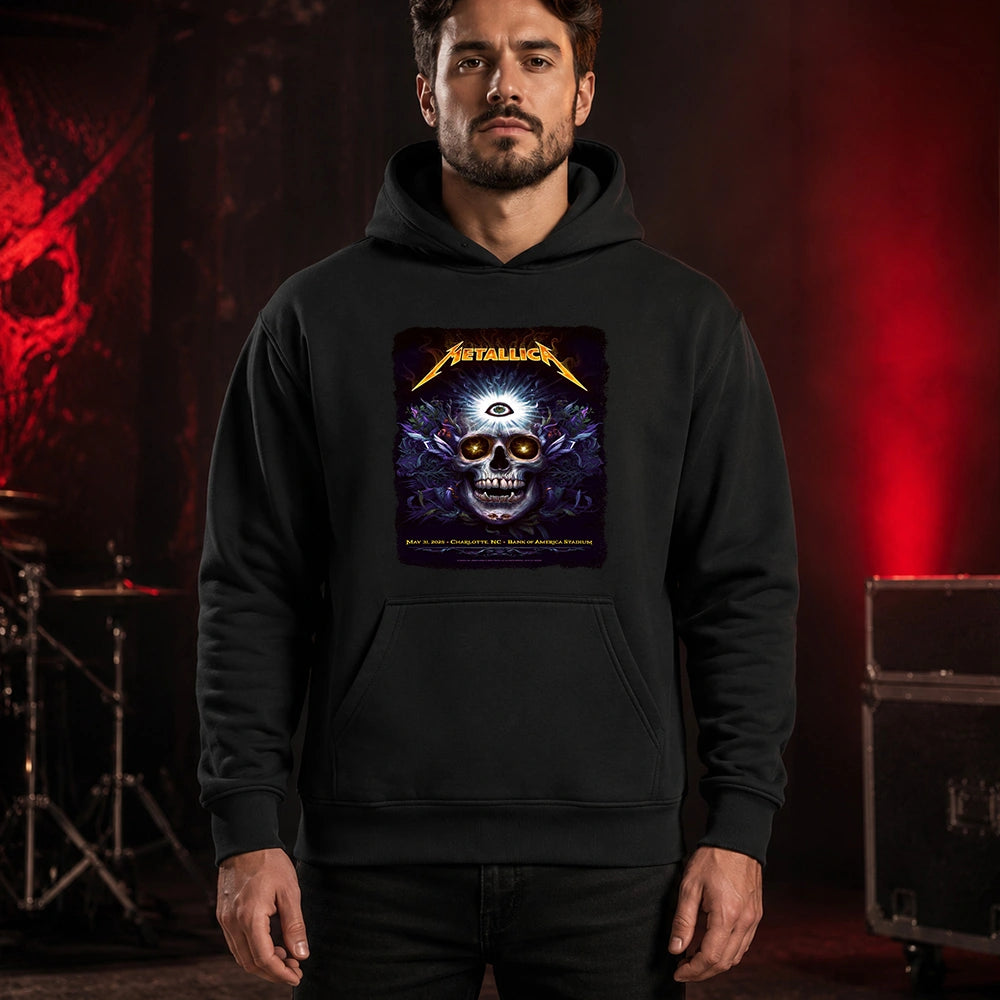 Metallica M72 World Tour May 31 2025 Bank of America Stadium Charlotte North Carolina United States T-shirt by N.C. Winters featuring a glowing skull with radiant third eye, golden eyes, mystical ornamental details and Charlotte event text.
