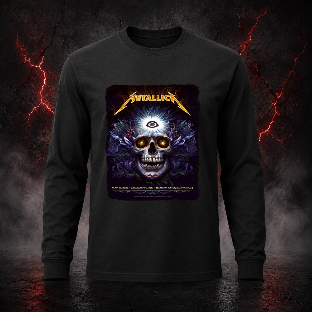 Metallica M72 World Tour May 31 2025 Bank of America Stadium Charlotte North Carolina United States T-shirt by N.C. Winters featuring a glowing skull with radiant third eye, golden eyes, mystical ornamental details and Charlotte event text.