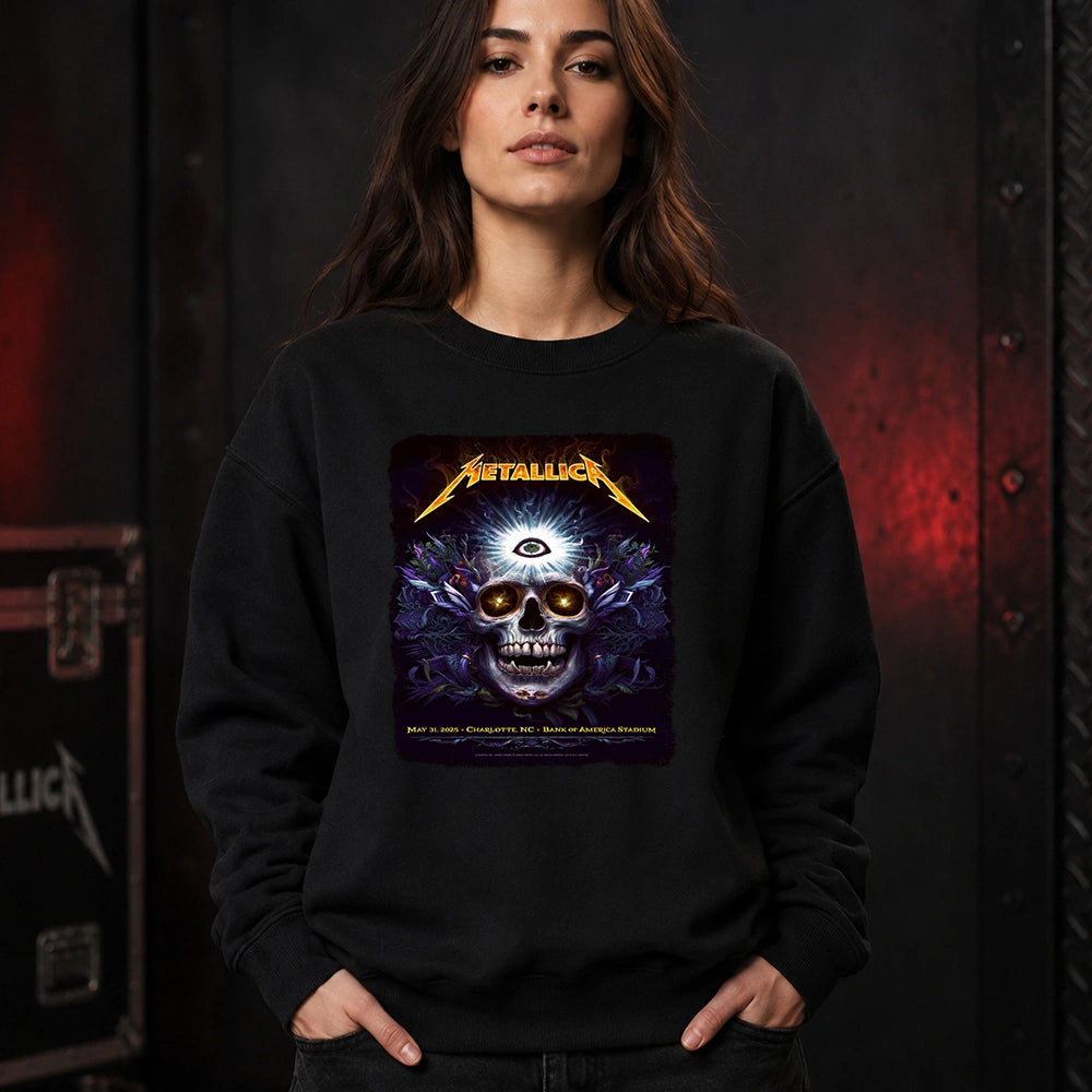 Metallica M72 World Tour May 31 2025 Bank of America Stadium Charlotte North Carolina United States T-shirt by N.C. Winters featuring a glowing skull with radiant third eye, golden eyes, mystical ornamental details and Charlotte event text.