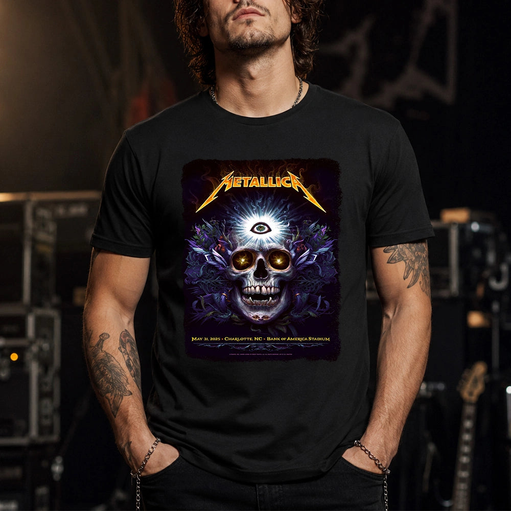 Metallica M72 World Tour May 31 2025 Bank of America Stadium Charlotte North Carolina United States T-shirt by N.C. Winters featuring a glowing skull with radiant third eye, golden eyes, mystical ornamental details and Charlotte event text.
