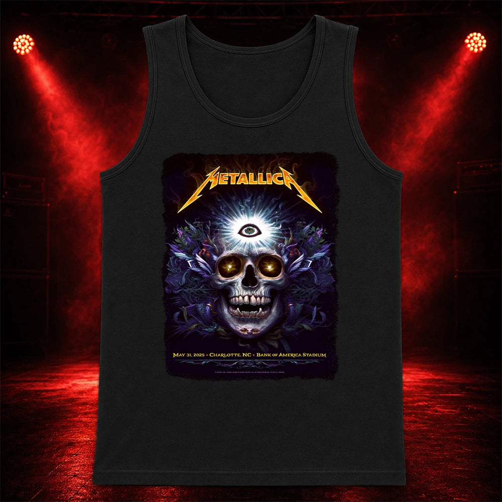 Metallica M72 World Tour May 31 2025 Bank of America Stadium Charlotte North Carolina United States T-shirt by N.C. Winters featuring a glowing skull with radiant third eye, golden eyes, mystical ornamental details and Charlotte event text.